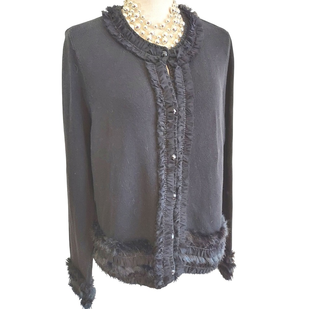 Chicos Black Cardigan Sweater Faux Fur Trim Embellished Elegant Button Size 14